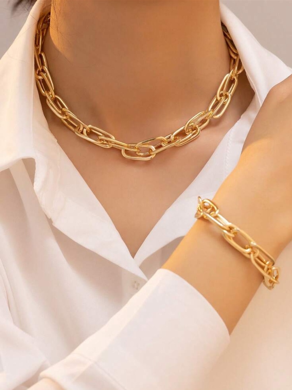 Elegant Gold Chunky Link Necklace and Bracelet Set
